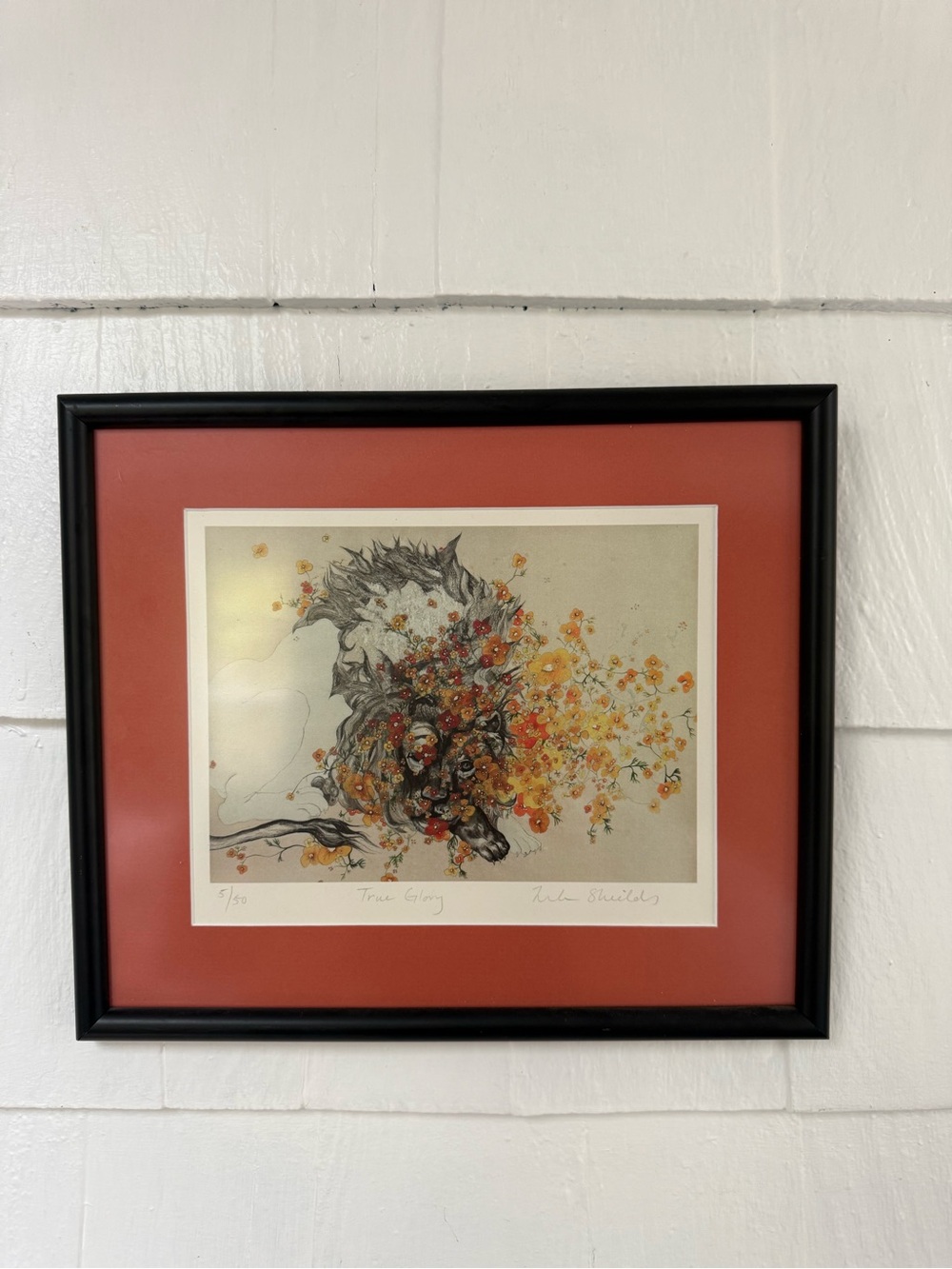 Lela Sheilds true glory lion and flowers matted and framed signed art